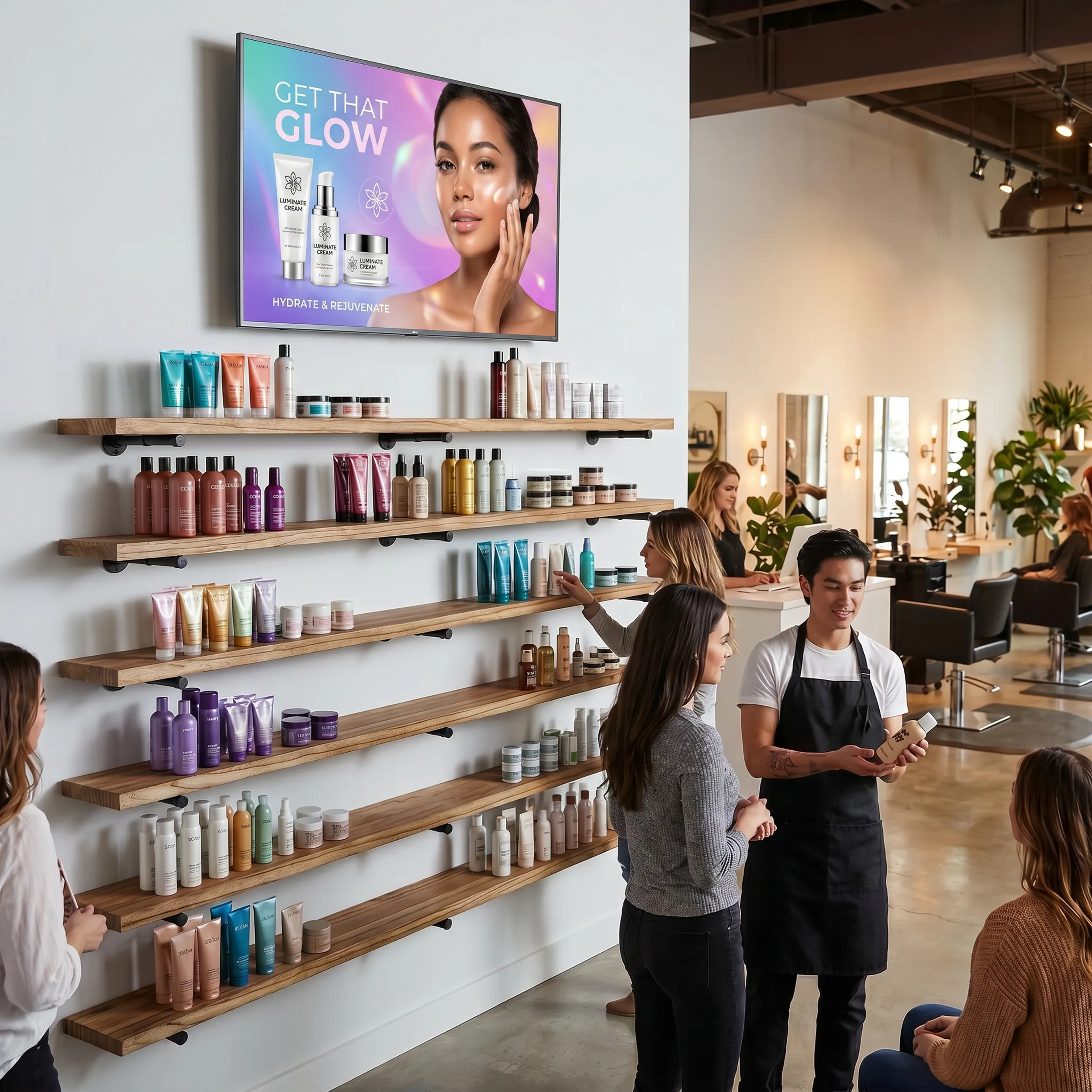 Salon retail wall — floating shelves styling premium haircare