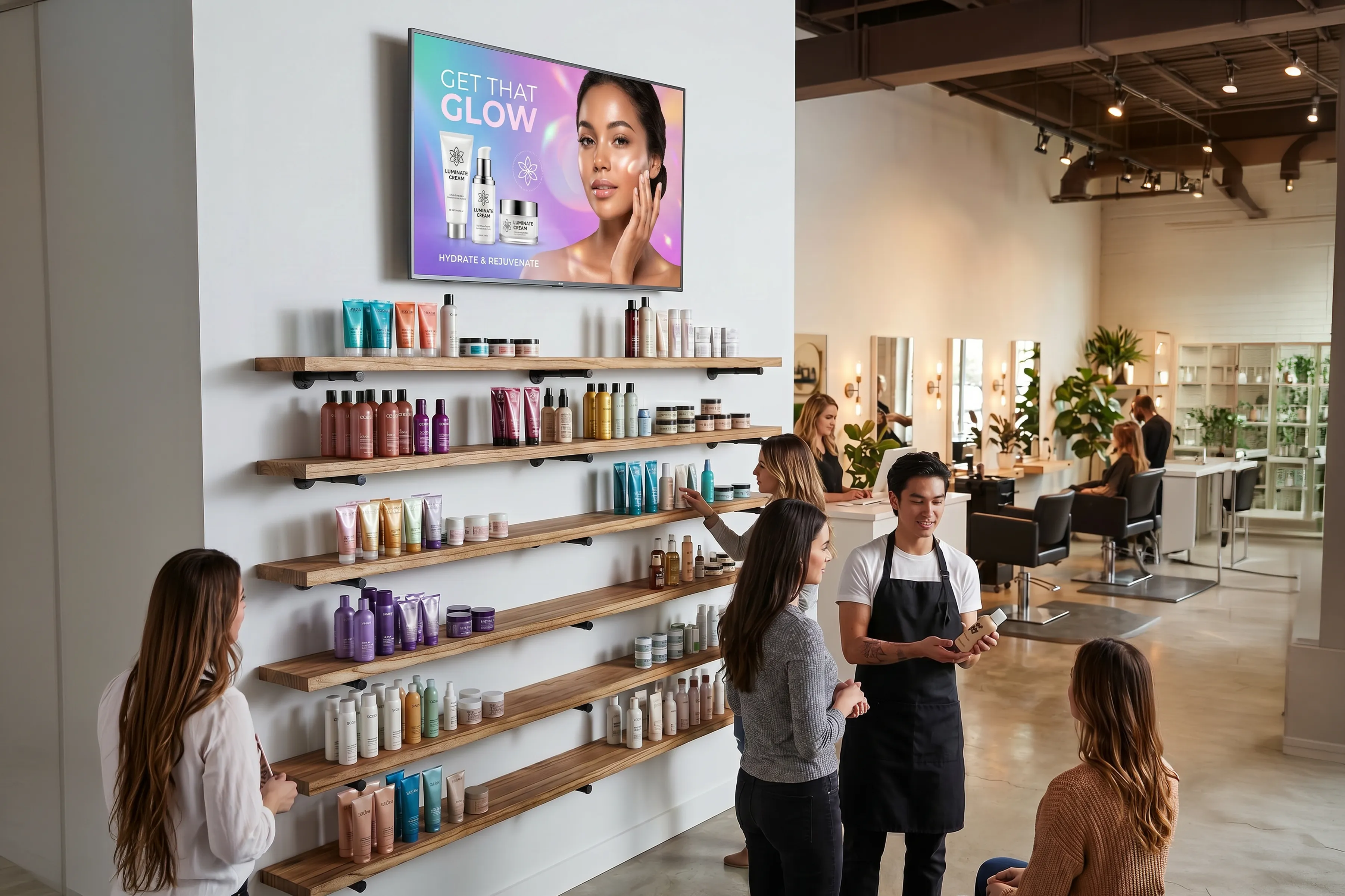 Salon retail wall — floating shelves styling premium haircare