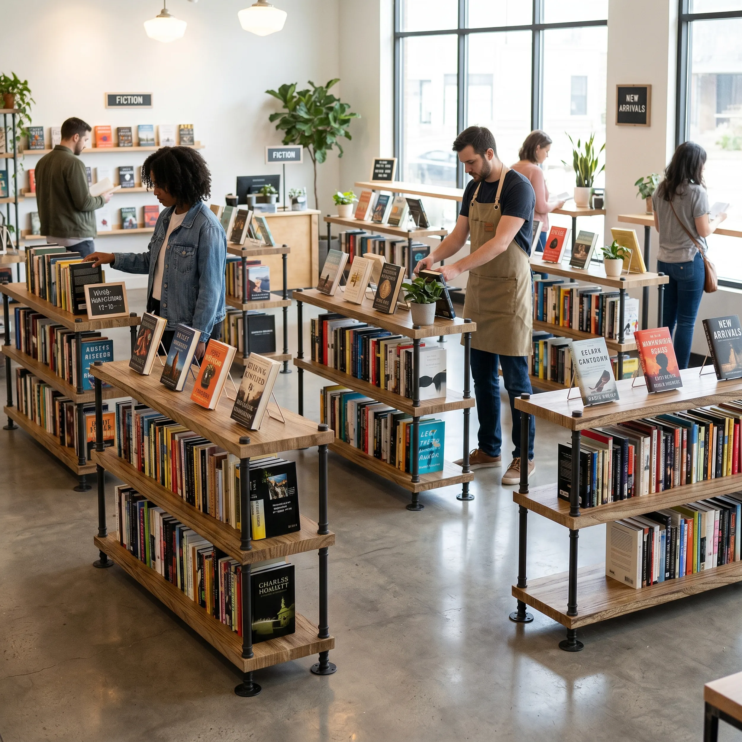 Merchandising wall — solid-wood floating shelves